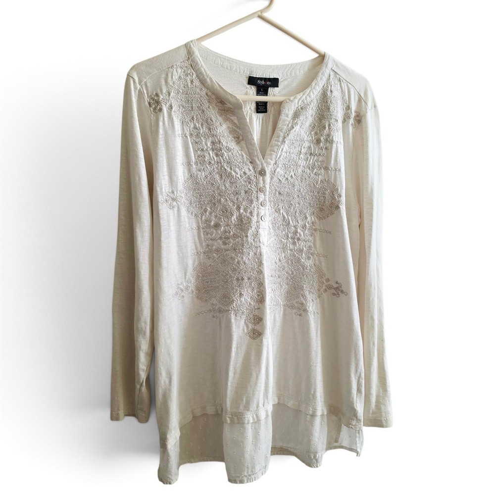 Style & Co Embroidered Henley Swiss Dot Layered Top Women's Large Cream